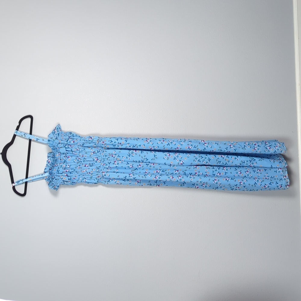 Tularosa Ellie Jumpsuit in Carolina Blue Floral Ruffle Corset Smocked Size Small